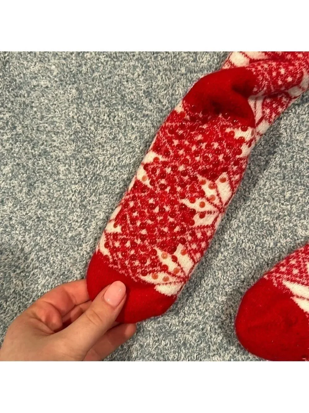 Red and White Snowflake Extra Thick Fold Over Fuzzy Socks Calf Length with Grips